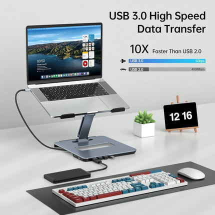BENFEI 380GY Laptop Stand with USB C 6 in1 4K@60Hz HDMI, 4 x USB3.0, 100W PD Docking Station.