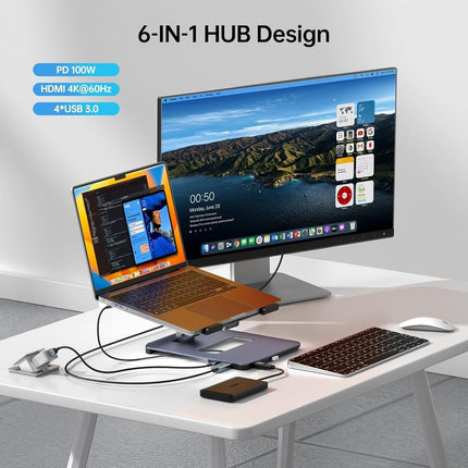 BENFEI 380GY Laptop Stand with USB C 6 in1 4K@60Hz HDMI, 4 x USB3.0, 100W PD Docking Station.