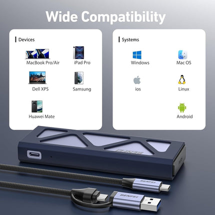 BENFEI M.2 SSD Enclosure USB3.2 Gen2 10 Gbps, Tool-Free for NVME B & M Keys with Size 2230/2242/2260/2280 SSDs.
