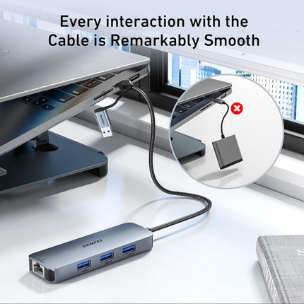 BENFEI 000386GY USB-C + USB 3.0 to Gigabit RJ45 + 3 Port USB 3.0 Hub Compatible with Mac.