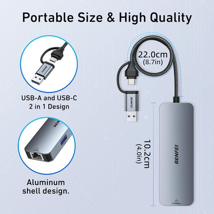 BENFEI 000386GY USB-C + USB 3.0 to Gigabit RJ45 + 3 Port USB 3.0 Hub Compatible with Mac.