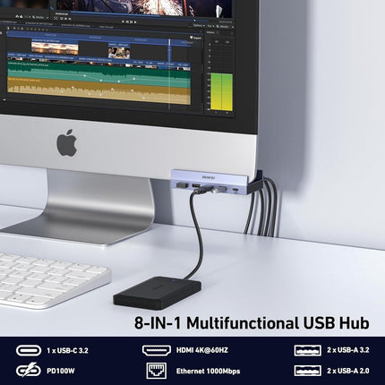 BENFEI 396GY USB-C 8-in-1 Docking HDMI 4K/60Hxz+USB-C(10G)+2xUSB-A(10G)+2xUSB2.0+RJ45+PD100W.
