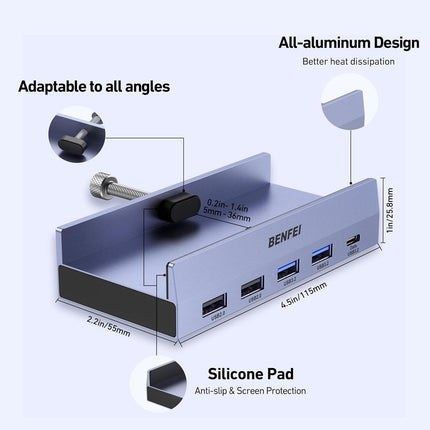 BENFEI 396GY USB-C 8-in-1 Docking HDMI 4K/60Hxz+USB-C(10G)+2xUSB-A(10G)+2xUSB2.0+RJ45+PD100W.