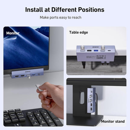 BENFEI 396GY USB-C 8-in-1 Docking HDMI 4K/60Hxz+USB-C(10G)+2xUSB-A(10G)+2xUSB2.0+RJ45+PD100W.