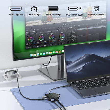 BENFEI 399BK 6-in-1 USB-C HUB to HDMI(8K)+USB3.2(10Gbps)+USB2.0x2+PD100W+RJ45 Black.