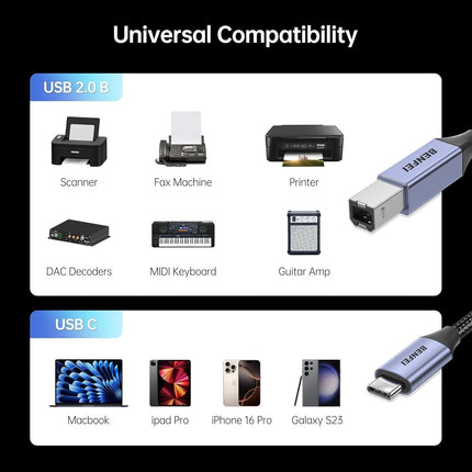BENFEI 405GY-2M USB B to USB C Printer Cable, Nylon Braided, Premium Aluminium Alloy Case 2M.