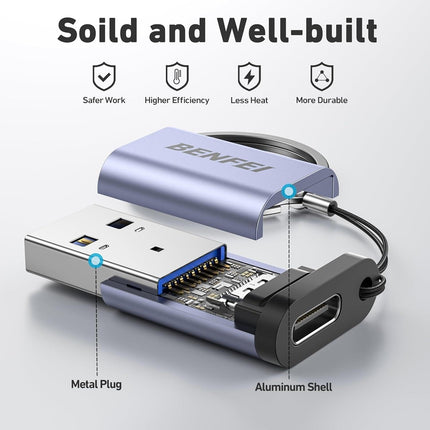 BENFEI 407GY USB Type-A to USB-C Adapter Male to Female Supporting 5V 3A Charging and 10Gbps Data Transmit.
