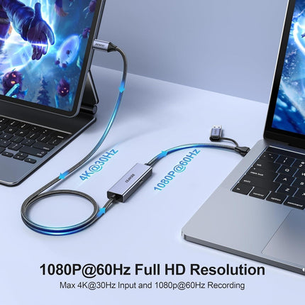 BENFEI 408GY USB-C to USB-C+A + PD (100W) Video/Audio Capture Card Supporting Full HD 1080P 60FPS for Streaming, Recording, Gaming.