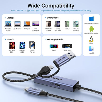 BENFEI 408GY USB-C to USB-C+A + PD (100W) Video/Audio Capture Card Supporting Full HD 1080P 60FPS for Streaming, Recording, Gaming.
