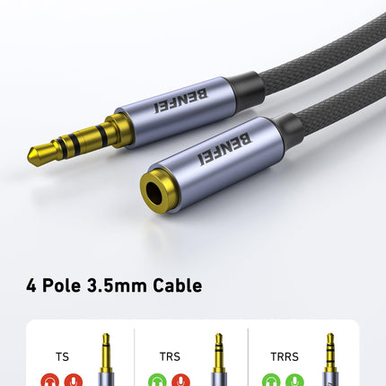 BENFEI 421GY 1M 3.5mm Male to Female AUX Extension Cable, TRRS 4-Pole Stereo Audio Jack Cord for Headphones, Microphone, Smartphones, PC, Laptop, Speakers.