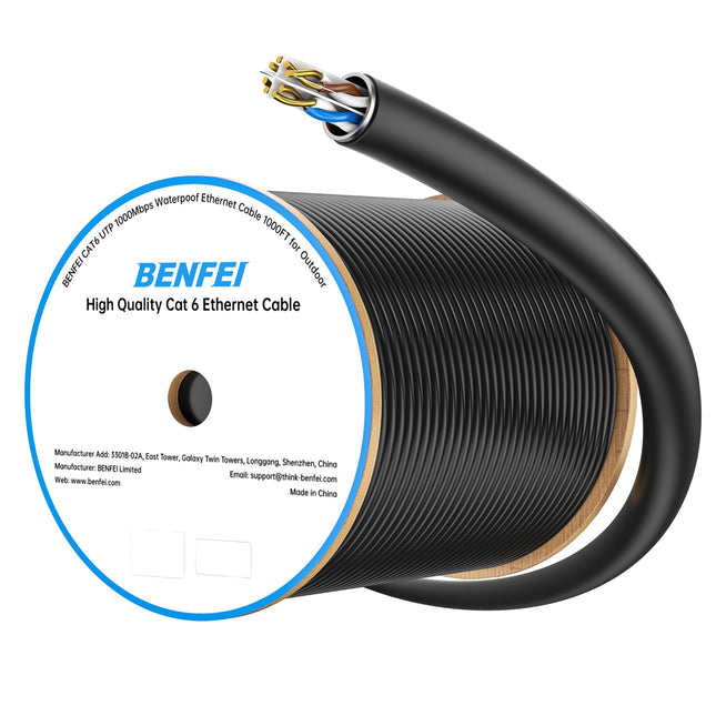 BENFEI 000701BK-305M CAT6 UTP 1000Mbps Waterproof Ethernet Cable 1000FT for Outdoor 305M (Unshielded).