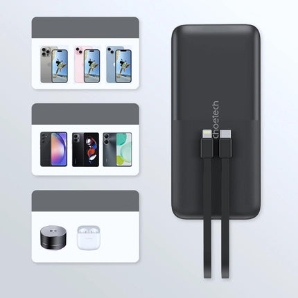 CHOETECH B654 10000mAh Pwer Bank 22.5W USB-A / USB-C / micro USB with built-in USB-C / Lightning cable - black.