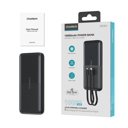 CHOETECH B654 10000mAh Pwer Bank 22.5W USB-A / USB-C / micro USB with built-in USB-C / Lightning cable - black.
