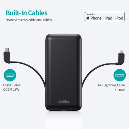 CHOETECH B688-BK 10000mAh MFi Certified PD18W Power Bank (with 2 cables).