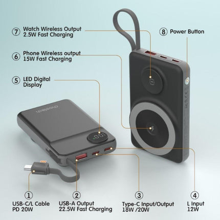 CHOETECH B695-BK 10000mAh 22.5W USB-A + USB-C x 2 + MagLeap Wireless Charge Power Bank Black.