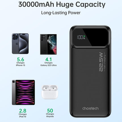 CHOETECH B730 30000mAh Power Bank PD22.5W with Digital Display.