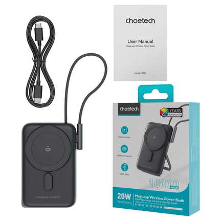 CHOETECH B735-BK 10000mAh 20W MagLeap Wireless Power Bank Black with Phone Holder and Build-in Cable.