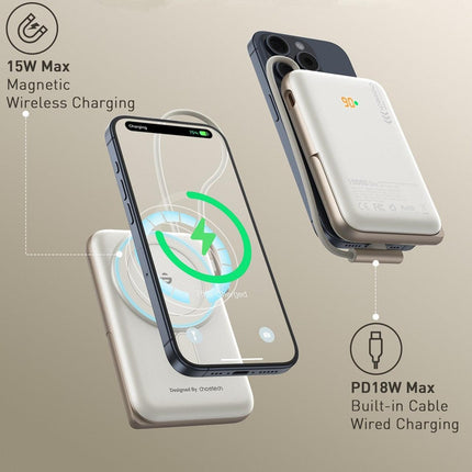 CHOETECH B735-WH 10000mAh 20W MagLeap Wireless Power Bank White with Phone Holder and Build-in Cable.