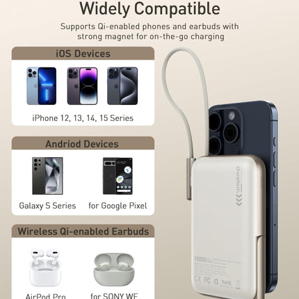 CHOETECH B735-WH 10000mAh 20W MagLeap Wireless Power Bank White with Phone Holder and Build-in Cable.