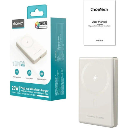 CHOETECH B739-WH 20W Slim USB-C 10000mAh Magnetic Power Bank - White.