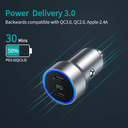 CHOETECH C0054-SL Dual Port PD 40W USB-C Car Charger Adapter Silver.