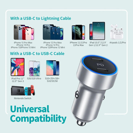 CHOETECH C0054-SL Dual Port PD 40W USB-C Car Charger Adapter Silver.