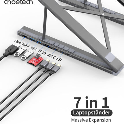 CHOETECH HUB-M48 7-in-1 Hub + Foldable Laptop stand USB-C to HDMI 4K/USB-A/TF&SD/USB-C with PD Charging.