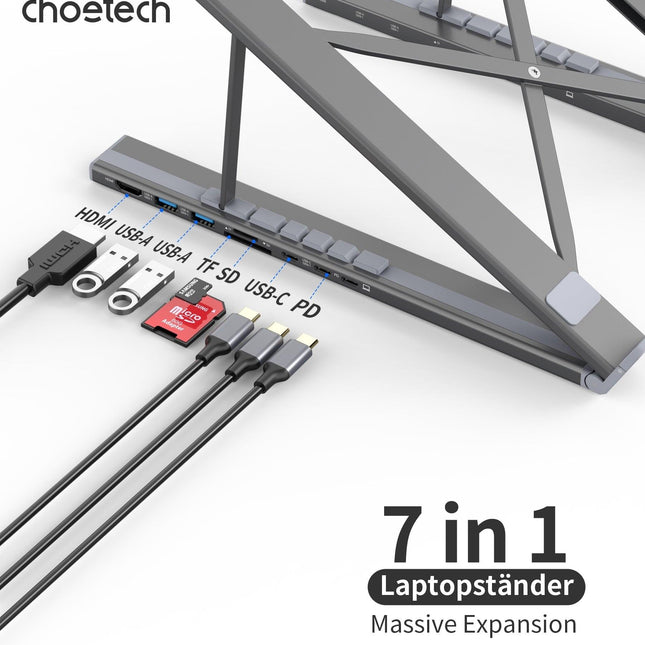 CHOETECH HUB-M48 7-in-1 Hub + Foldable Laptop stand USB-C to HDMI 4K/USB-A/TF&SD/USB-C with PD Charging.