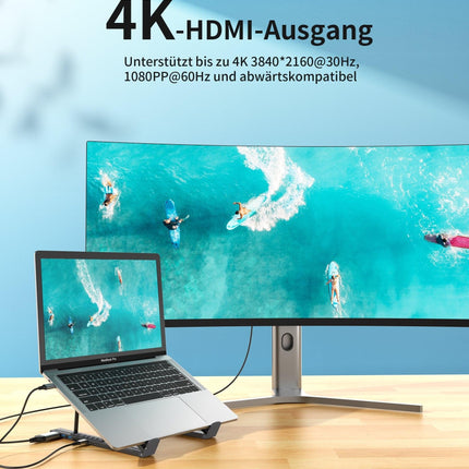 CHOETECH HUB-M48 7-in-1 Hub + Foldable Laptop stand USB-C to HDMI 4K/USB-A/TF&SD/USB-C with PD Charging.