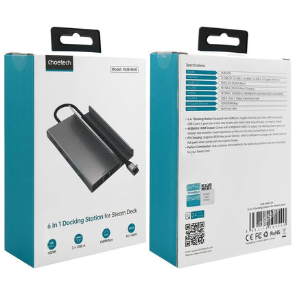 CHOETECH HUB-M50 6-in-1 USB-C 100W Aluminum Steam Deck Docking Station.