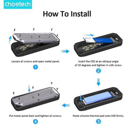 CHOETECH MSE004-GY USB3.2 Chips M.2 NVME / SATA SSD Protocol 10Gbps Transfer Speed Enclosure with IP65 water-Proof and Dust -Proof (Support 8TB Max).