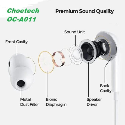 Choetech OC-A011 USB-C In-Ear Headphones 1.2m - White.