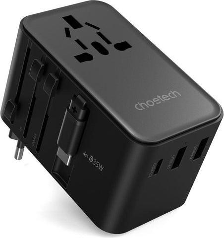 CHOETECH PD5020 35W EU/US/AUS/UK Travel Adapter with Built-in USB-C Cable - Black.