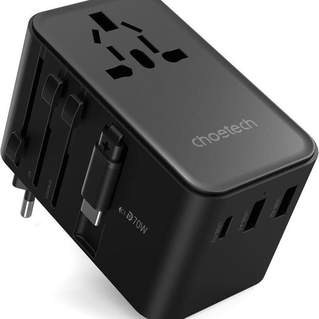 CHOETECH PD5022 70W EU/US/AUS/UK Travel Adapter with Built-in USB-C Cable - Black.