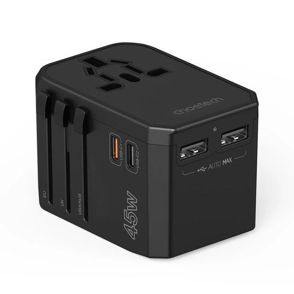 CHOETECH PD6045 GaN Tech 2C+2A 45W Travel Adapter with US EU UK AU Plugs Black.