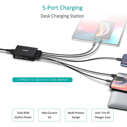 CHOETECH Q34U2Q 5-Port 60W PD Charger with 30W Power Delivery and 18W Quick Charge 3.0.