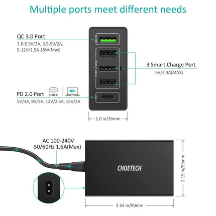 CHOETECH Q34U2Q 5-Port 60W PD Charger with 30W Power Delivery and 18W Quick Charge 3.0.