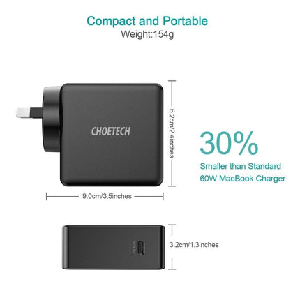 CHOETECH Q4004 60W PD 3.0 Type-C Fast Charging Foldable Adapter USB-C Charger.