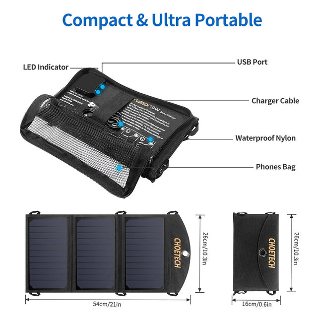 CHOETECH SC001 19W Portable Solar Panel Charger SunPower Panels Dual USB Charger for Camping/RV/Outdoors.