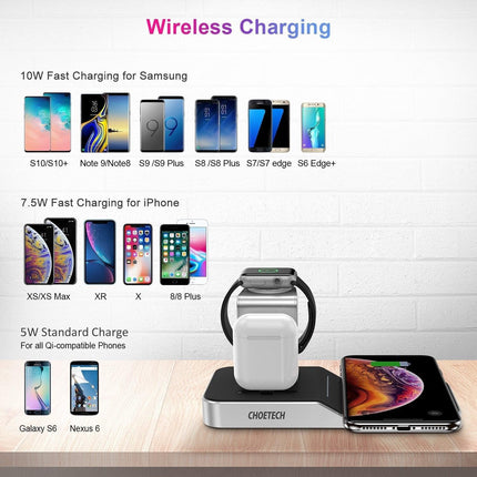 CHOETECH T316 4-in-1 Wireless Charging Station for iPhone/Apple Watch/iPod and all Qi Wireless Cell phones.