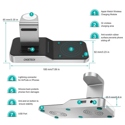 CHOETECH T316 4-in-1 Wireless Charging Station for iPhone/Apple Watch/iPod and all Qi Wireless Cell phones.