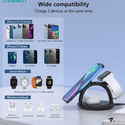 CHOETECH T587-F 3-in-1 Magnetic Wireless Charger Station for iPhone 12/13/14/AirPods Pro/iWatch.