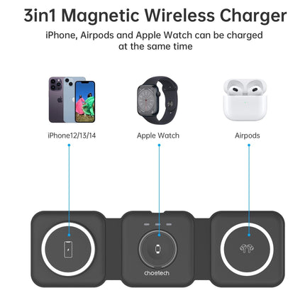 CHOETECH T588-F-BK 3-in-1 Foldable Fast Wireless Charger for Phone/Watch/Earphone.
