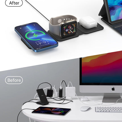 CHOETECH T588-F-BK 3-in-1 Foldable Fast Wireless Charger for Phone/Watch/Earphone.