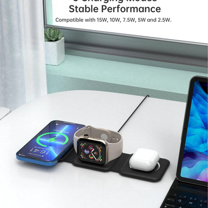 CHOETECH T588-F-BK 3-in-1 Foldable Fast Wireless Charger for Phone/Watch/Earphone.