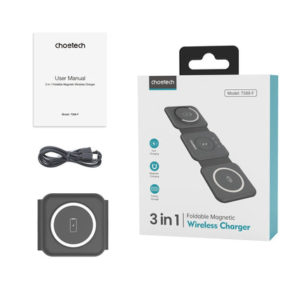CHOETECH T588-F-BK 3-in-1 Foldable Fast Wireless Charger for Phone/Watch/Earphone.