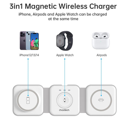 CHOETECH T588-F-WH 3-in-1 Foldable Fast Wireless Charger for Phone/Watch/Earphone.