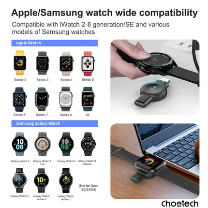 CHOETECH T606-F USB-A +USB-C Magnetic Charger for Samsung & Apple Watch.