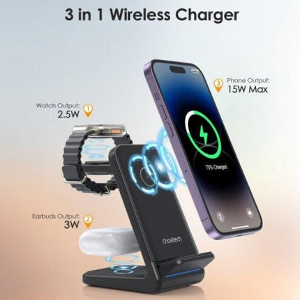 CHOETECH T608-F-BK 15W 4-in-1 Wireless Charger Stand for iWatch and Samsung Watch (Black).