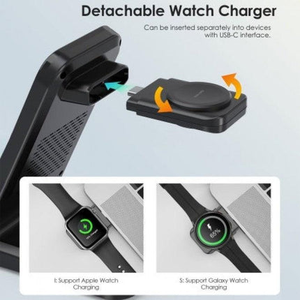 CHOETECH T608-F-BK 15W 4-in-1 Wireless Charger Stand for iWatch and Samsung Watch (Black).
